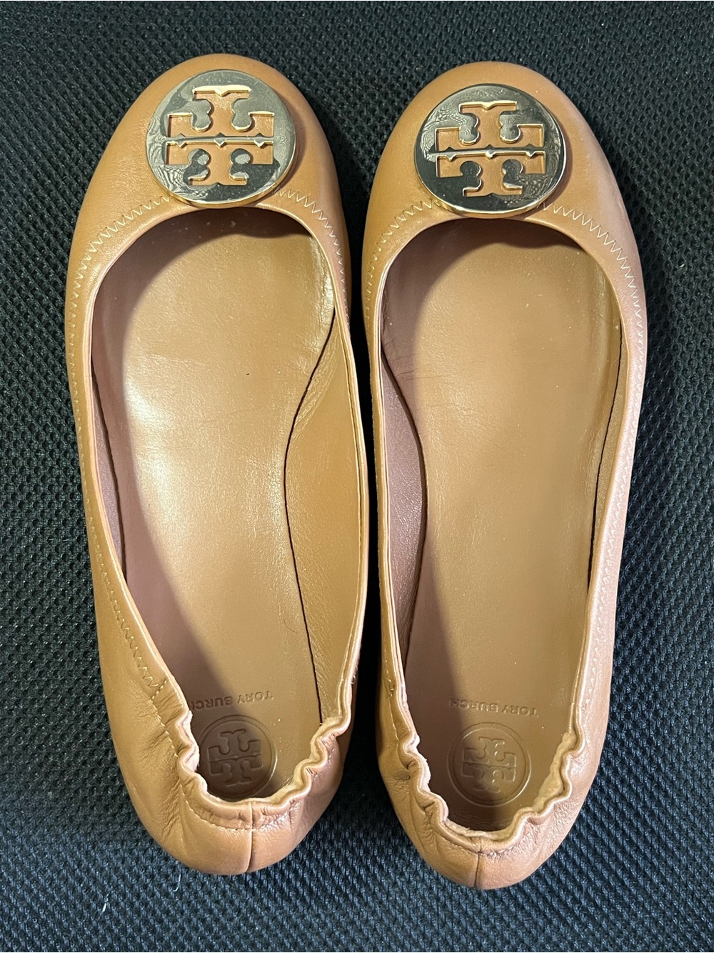Tory Burch Camel/Tan Leather Logo Ballet Flats